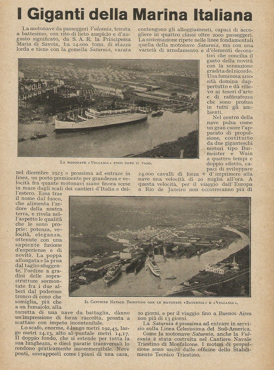 Трансатлантические лайнеры «Сатурния» и «Вулкания», 1927 г.