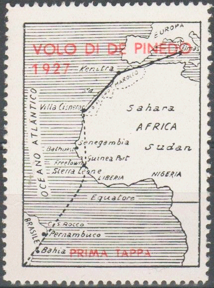 Рекламная марка 
с изображением первой части маршрута полёта де Пинедо (1927 г.)